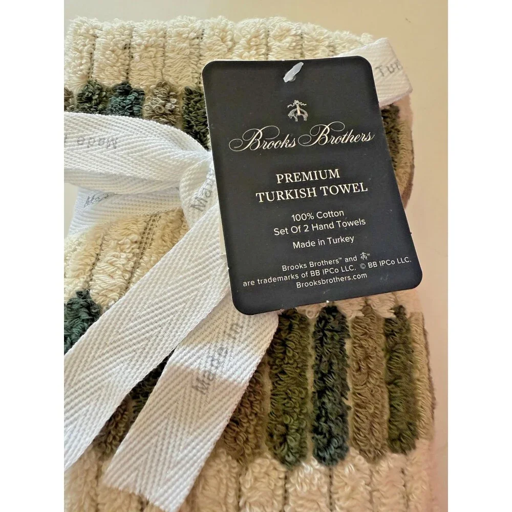 Brooks Brothers Hand Towels Set of 2 Green Luxury Mosaic Tile Thick Plush